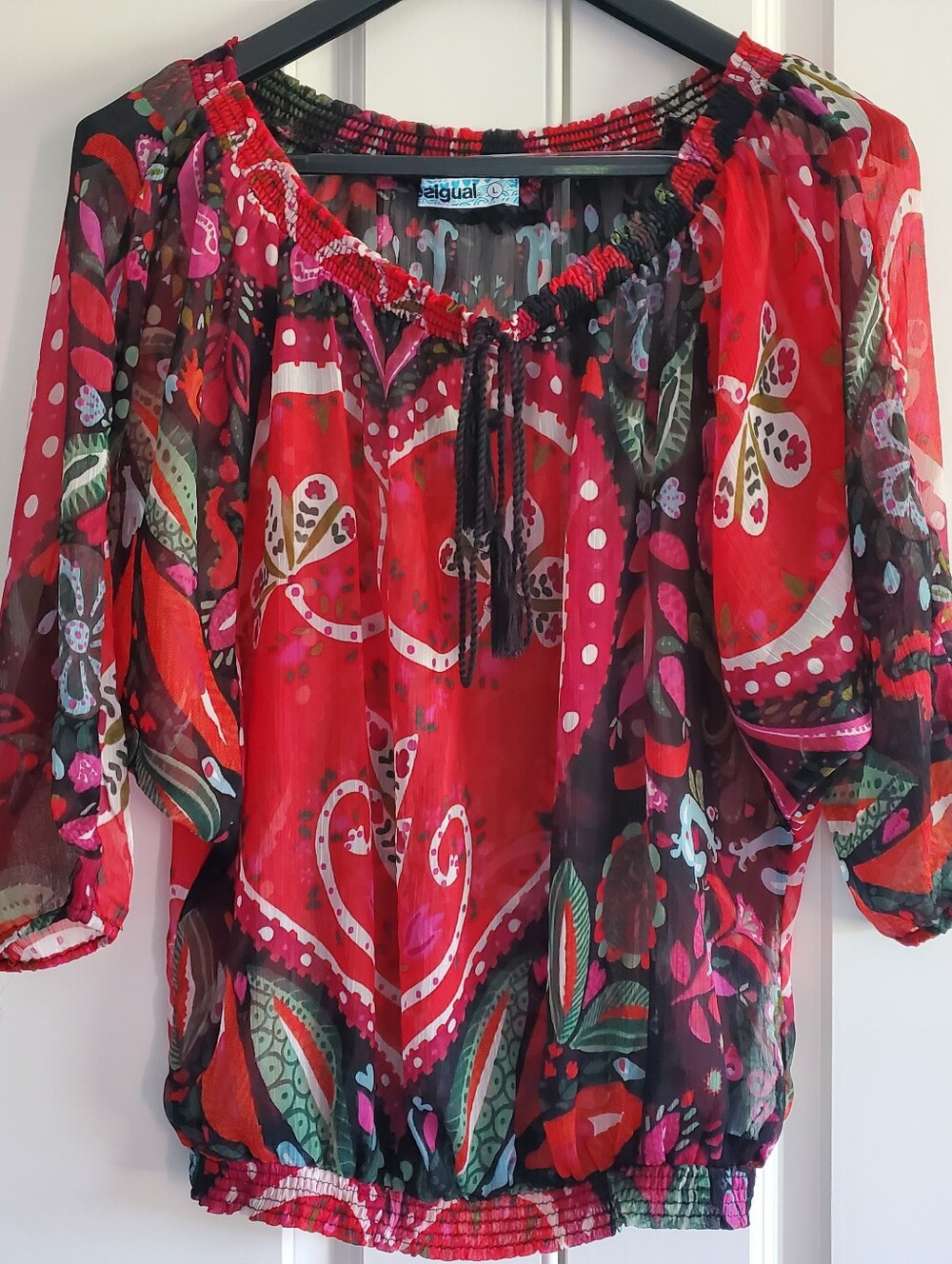 Desigual Abstract Boho Flowy Romantic Semi-Sheer Top Tie, Elastic Bottom, Large